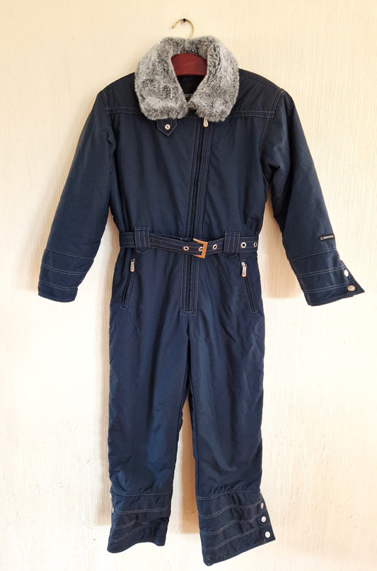 Vintage Dark Blue One Piece Hipster Retro Snow Jumpsuit Ski Suit Size Small to Medium