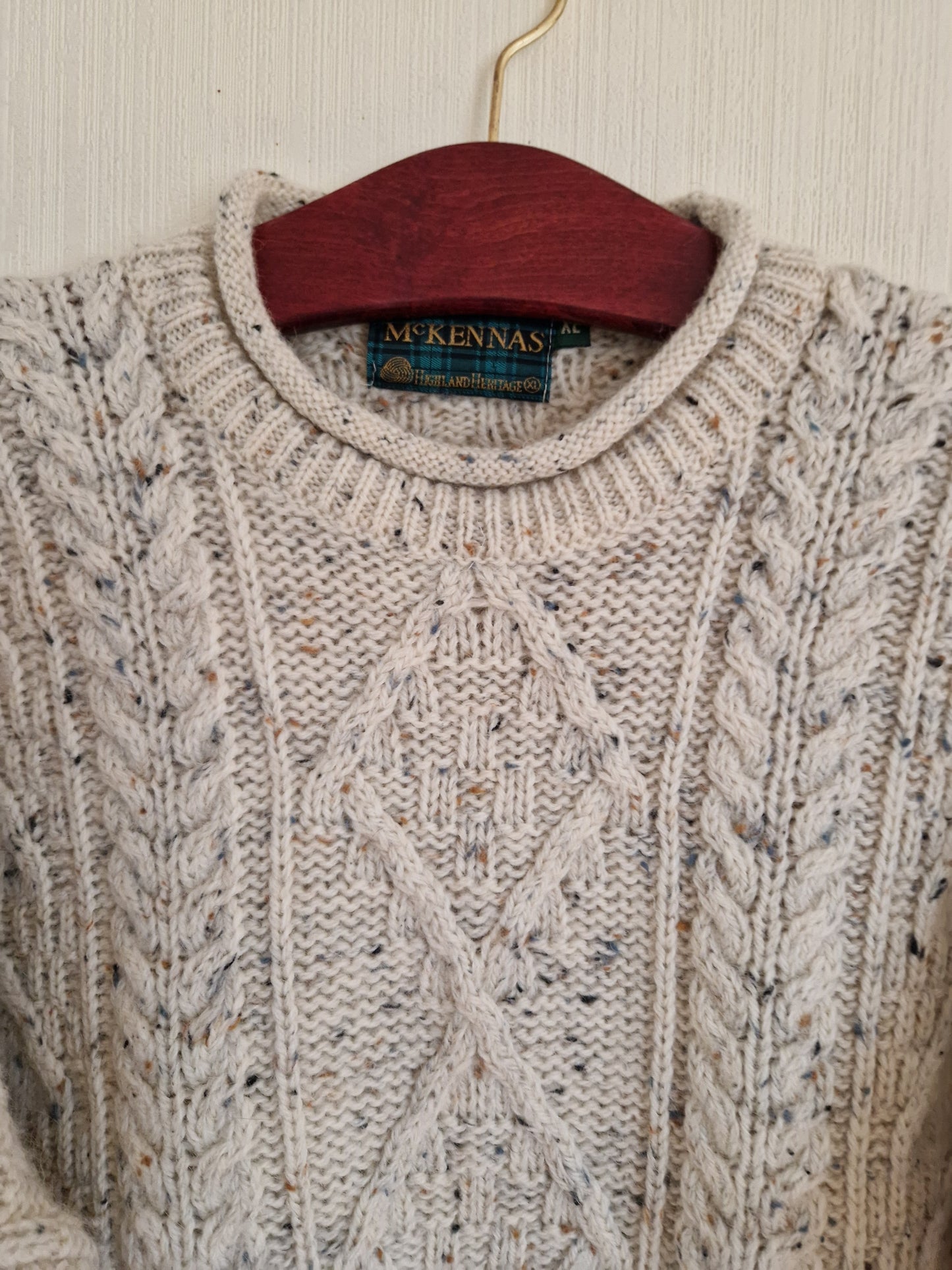 Vintage Mc Kennas Chunky Pure Hand Knit Wool Irish Fisherman Sweater Size XL