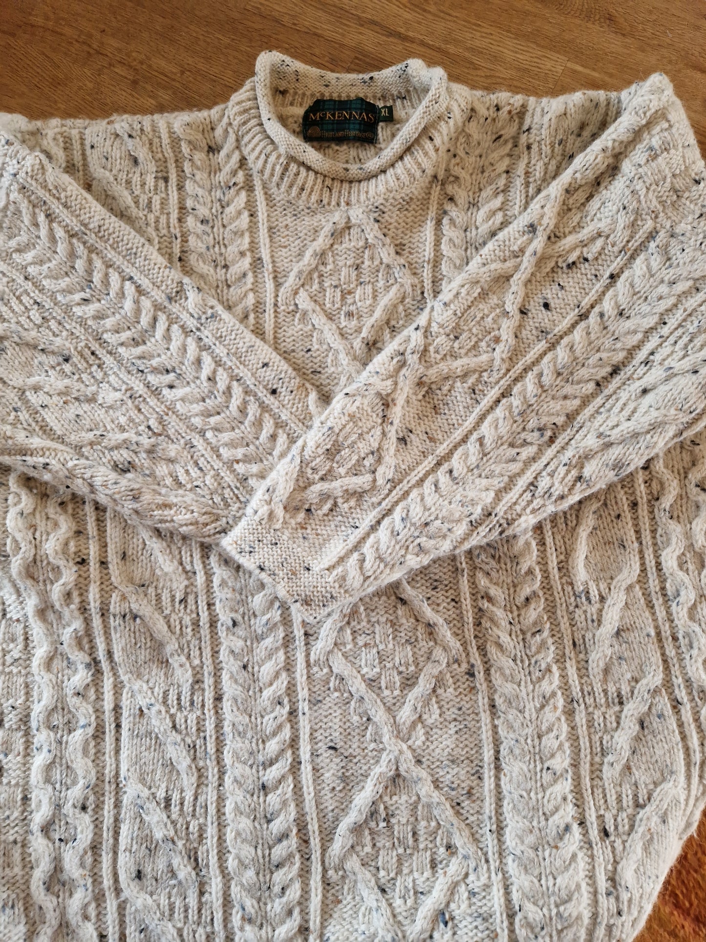 Vintage Mc Kennas Chunky Pure Hand Knit Wool Irish Fisherman Sweater Size XL