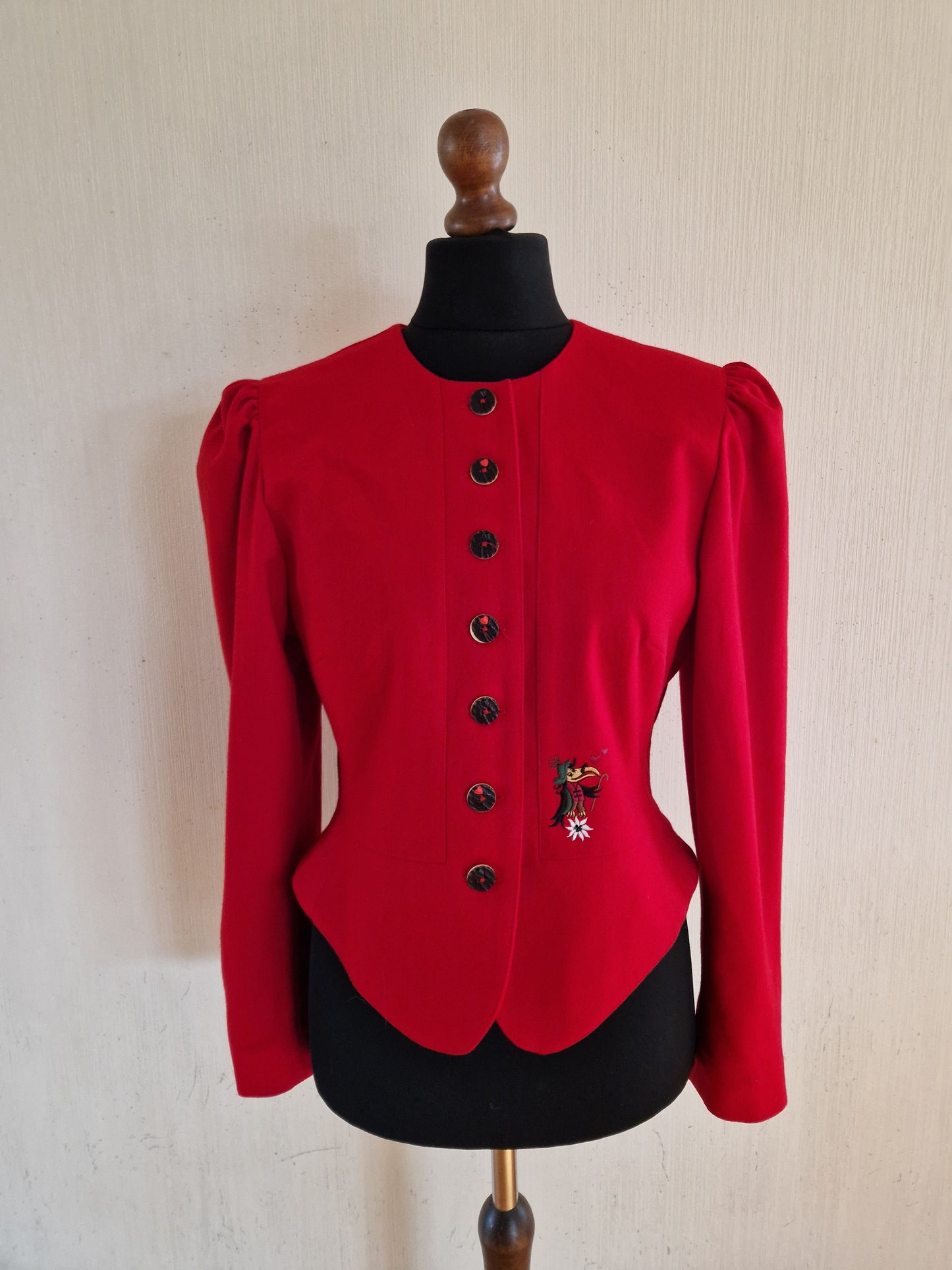 Vintage Red Wool Womens German Trachten Loden Traditional Austrian Octoberfest Jacket Size Large