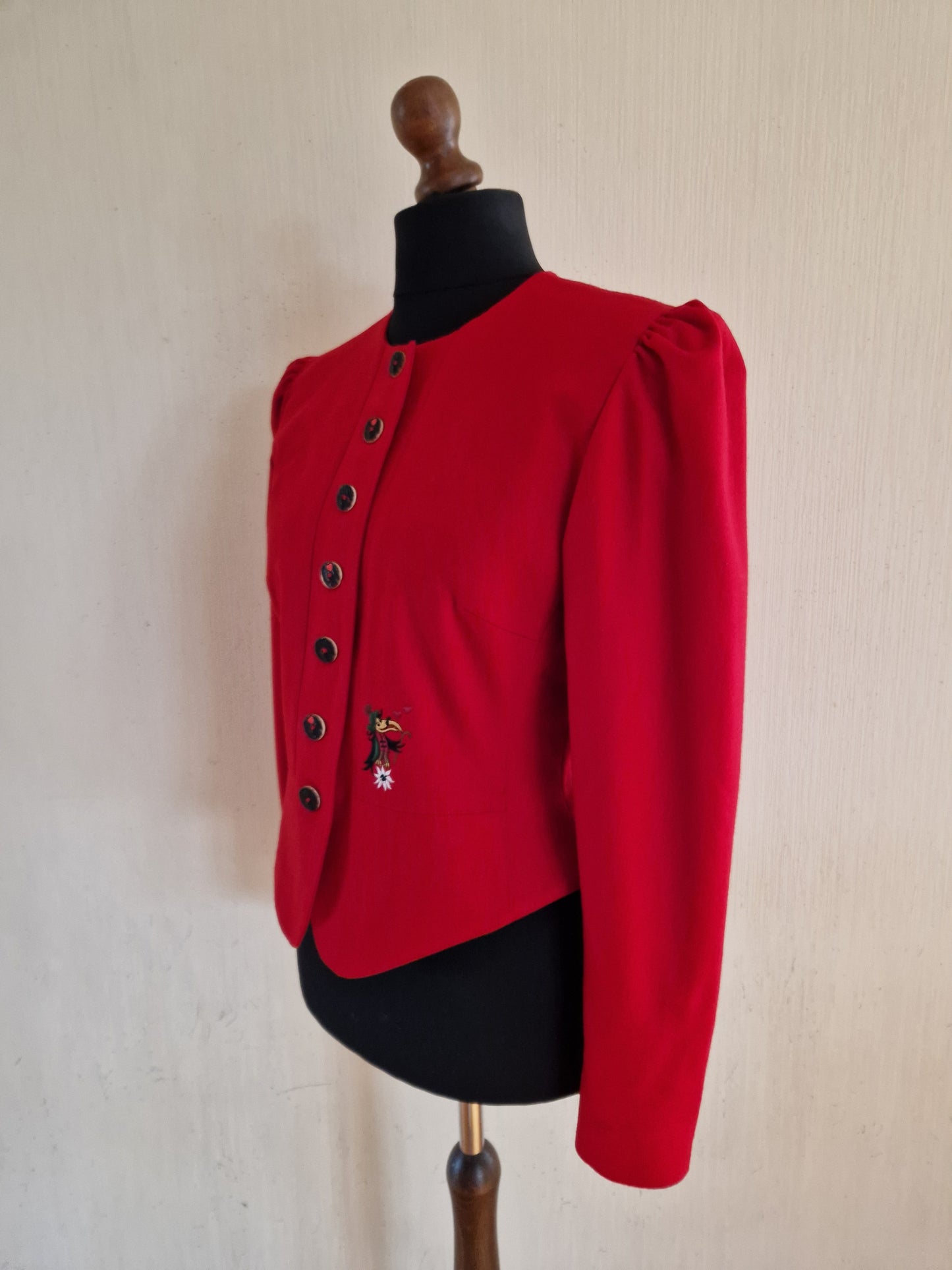 Vintage Red Wool Womens German Trachten Loden Traditional Austrian Octoberfest Jacket Size Large