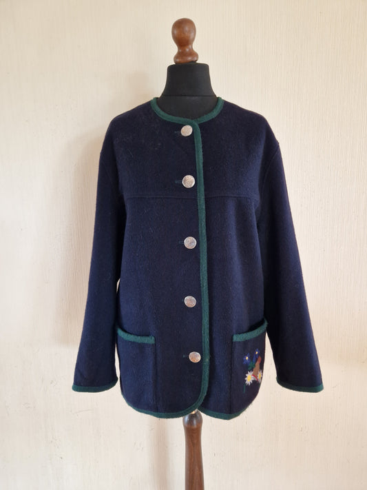 Vintage Blue Wool Womens German Trachten Loden Traditional Austrian Octoberfest Jacket Size Medium