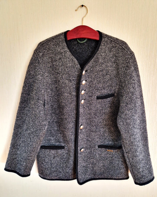 Vintage Grey Classic Austrian Mens Tyrolean Traditional Folk Bavarian Wool Jacket Size Medium to Large