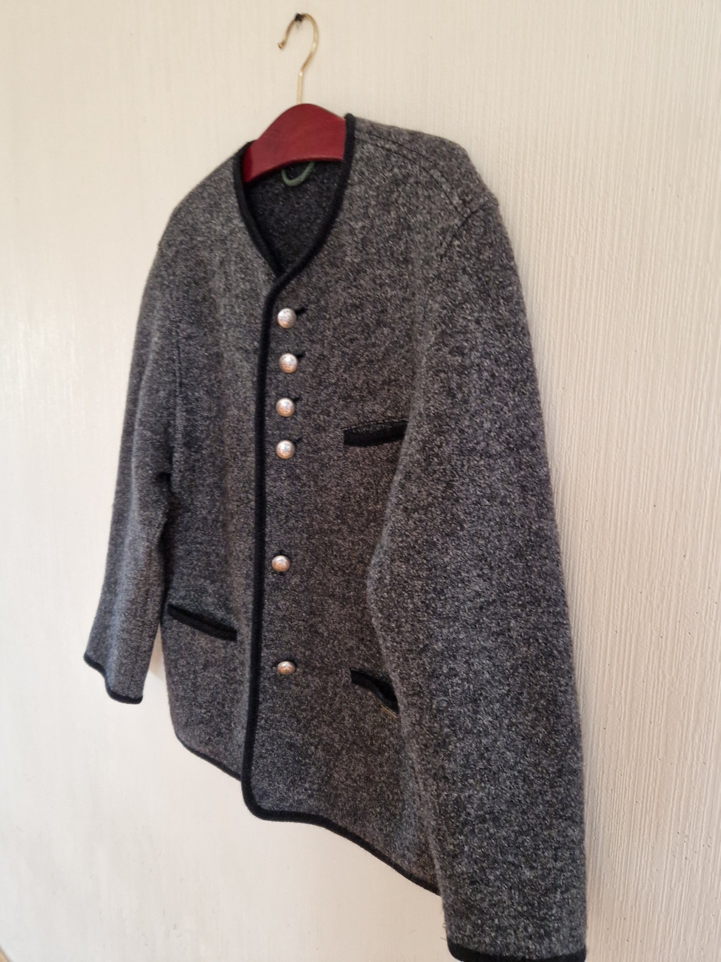 Vintage Grey Classic Austrian Mens Tyrolean Traditional Folk Bavarian Wool Jacket Size Medium to Large