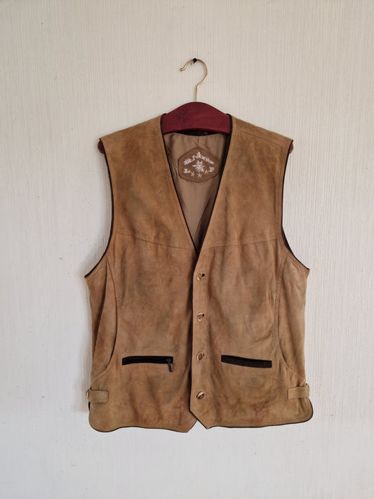 Vintage Mens Suede Leather Dirndl German Austrian Traditional Folk Oktoberfest Vest Size XLarge