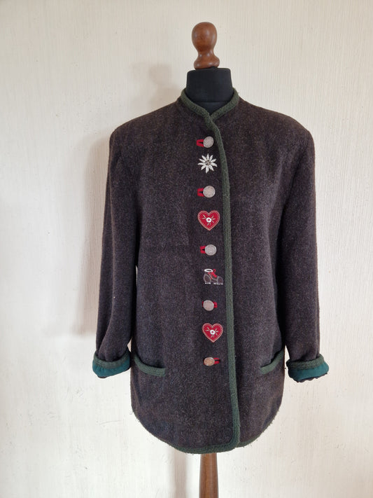 Vintage  Wool Womens German Trachten Loden Traditional Austrian Octoberfest Jacket Size XLarge